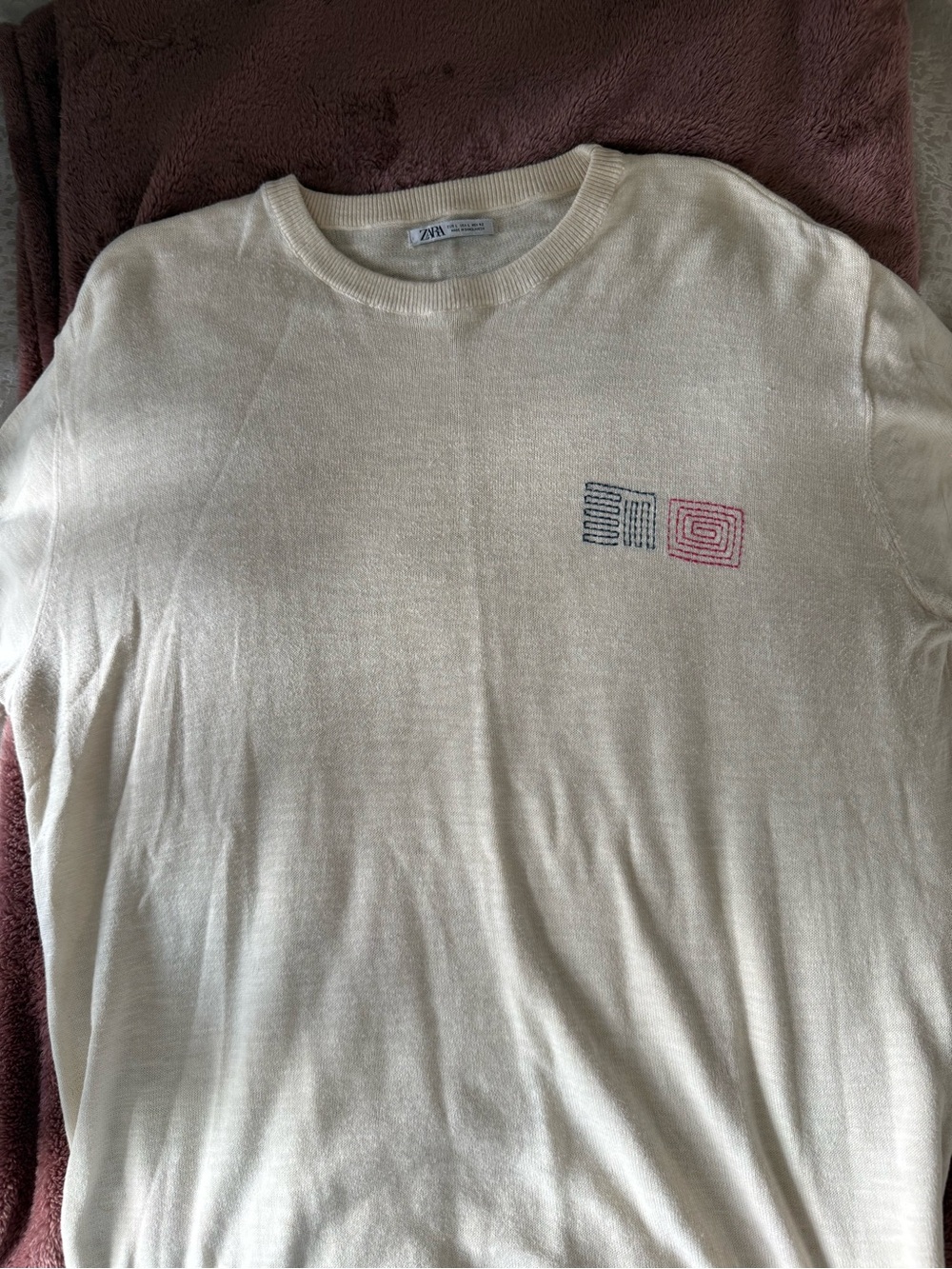 ZARA Cream Sweater with Pink & Blue Embroidered Motif